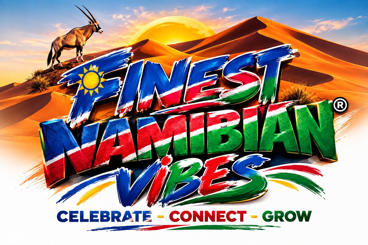 Finest Namibian Vibes brand artwork featuring an oryx on the Namibian dunes
